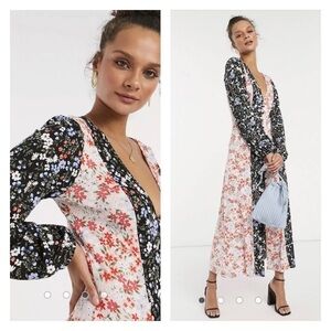 ASOS Curve Floral Colorblock Long Sleeve V-Neck Midi Dress White Black Size 18